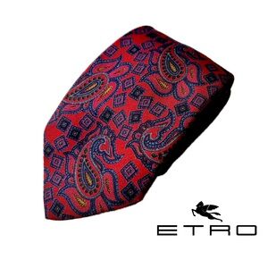 ETRO Milano Designer Paisley Print Scarf Red Blue Pure Silk